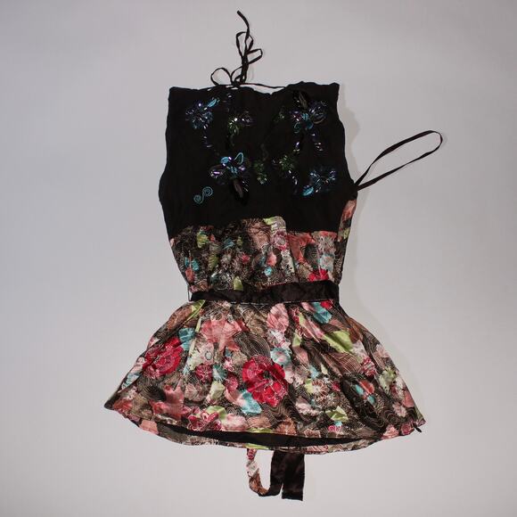 Coast Tops - Vintage Y2K Coast Brown 100% Silk Multicolored Floral Halterneck Back Tie Top